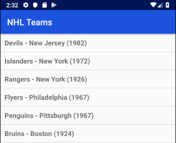 NHL Teams App Main Page
